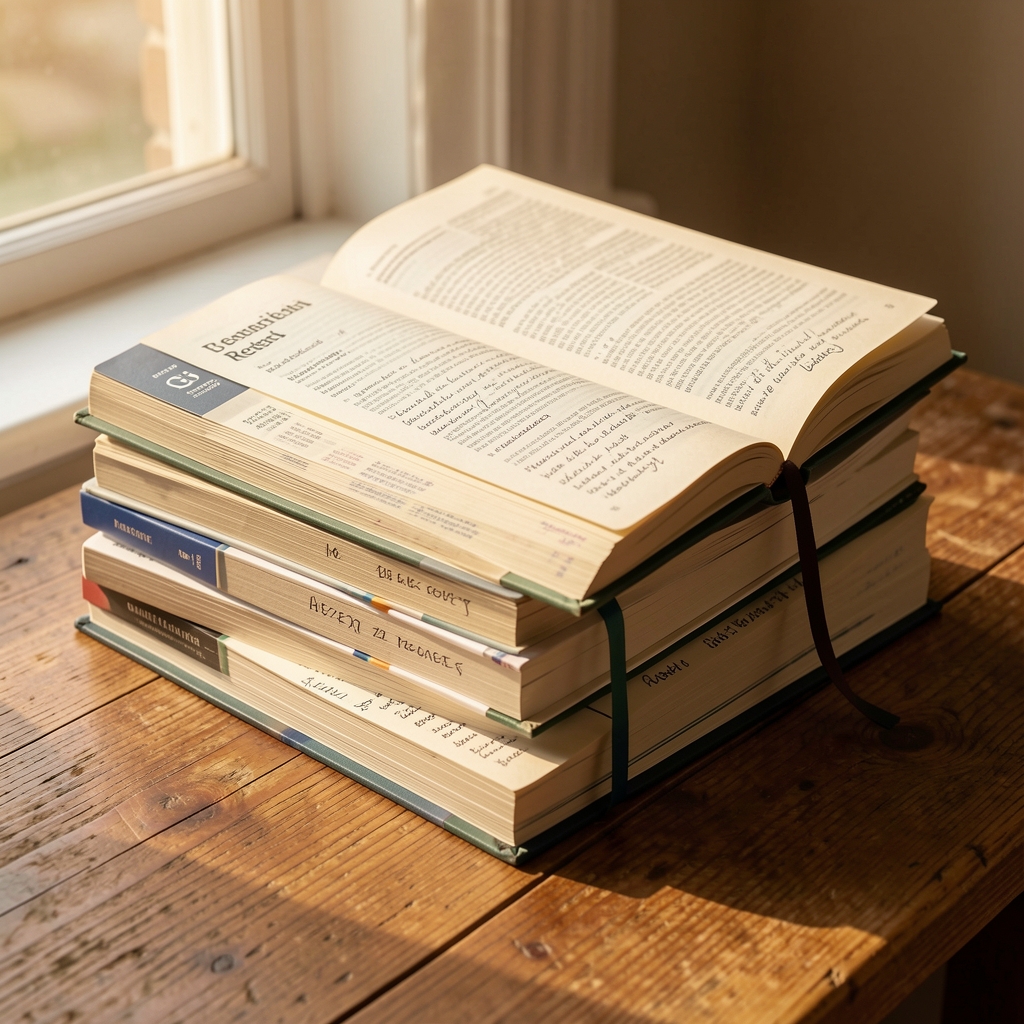 Stack of open research journals and annotated notebooks on a wooden surface, photographed in warm afternoon window light from the side