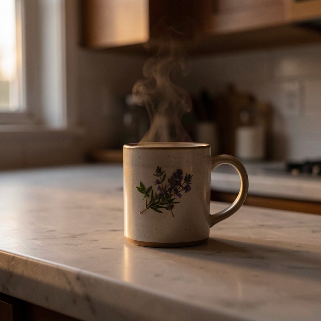 Dimly lit kitchen counter in the evening with a herbal tea mug, closed laptop, and soft ambient light suggesting a wind-down routine